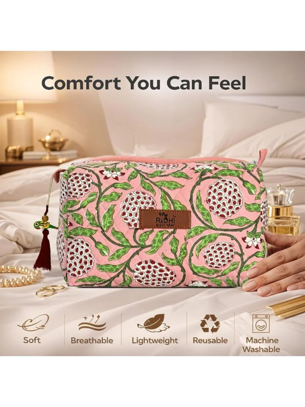 Strawberry Pink Floral Toiletry Bag Set of 3 - 100% Cotton, Waterproof Travel